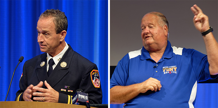 Chuck Downey, chief of the FDNY Fire Training Academy, left, and former firefighter Bill Spade, talked to the probies about their 9/11 experiences. Spade, who was the only survivor among 12 men in Rescue 5 who responded to the World Trade Center, told of the four years in therapy that followed. “So for any of you guys who ever have problems on the job there’s so much counseling out there for you,” he told the probies “Once you get it off your chest you feel so much better.” Photos: Carl Glassman/Tribeca Trib